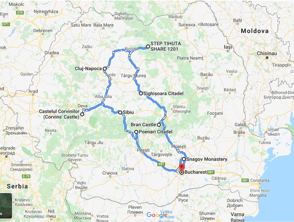 map of the Halloween in Romania awarded Dracula tour, escorted tours to Romania